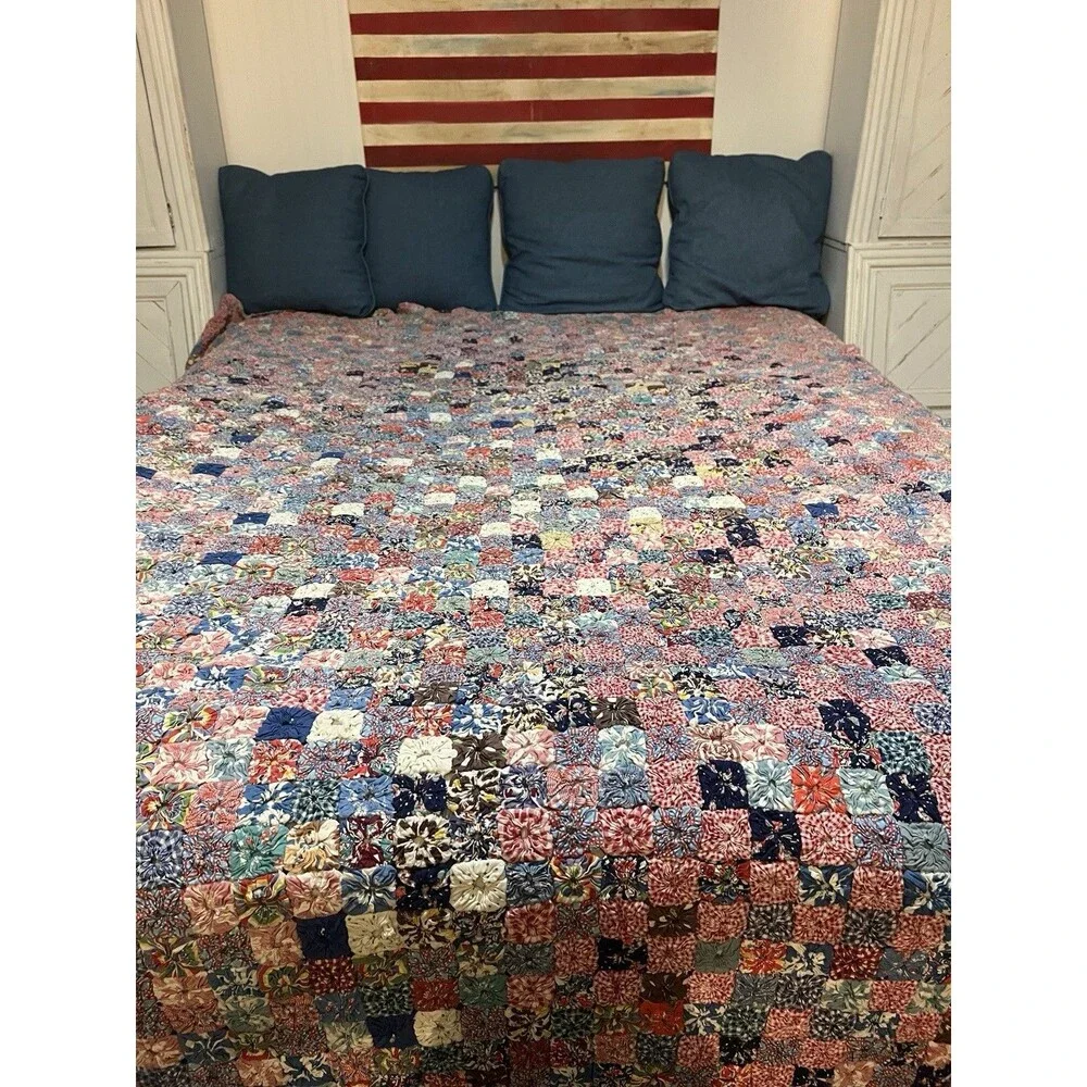 Vintage Yo Yo Yoyo Quilt 80x90 Feedsack Fabrics Handmade 1930’s Cottage Core